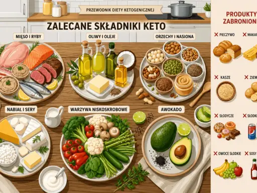 Ilustracja przedstawia stoły z produktami dozwolonymi i zakazanymi w diecie keto: mięso, ryby, nabiał, warzywa, awokado, orzechy, oliwy oraz zakazane pieczywo, makaron, ziemniaki, słodycze i owoce.