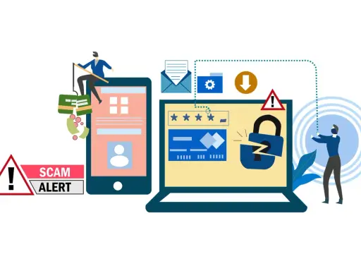 Warnung vor **phishing deutsch**: Ein Mann angelt nach Geld, während ein zerbrochenes Schloss auf einem Laptop Sicherheitsprobleme symbolisiert.