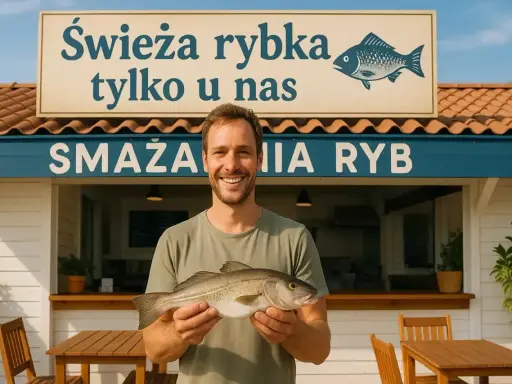 Uśmiechnięty mężczyzna trzyma świeżą rybę przed smażalnią. To idealny sezon na ryby bałtyckie!