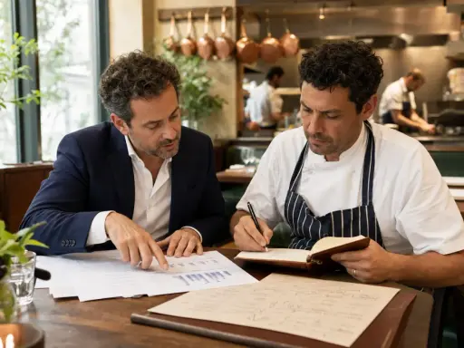 Un asesor de restaurantes revisa gráficos con un chef. Ambos están sentados en una mesa de madera, con el chef tomando notas en un cuaderno.