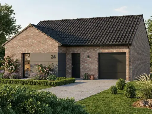 Construction d'une maison contemporaine en briques avec garage, jardin fleuri et un chat endormi.