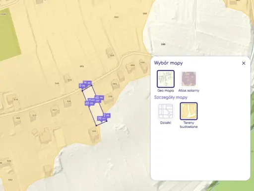 Mapa działki z wymiarami i powierzchnią, pokazująca jak sprawdzić przeznaczenie działki online.