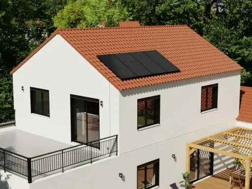 Maison blanche avec panneaux solaires sur le toit, terrasse et pergola. Une maison autonome en énergie, prête pour un avenir durable.