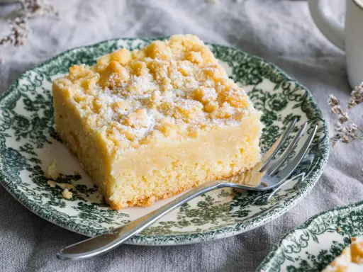 Ein Stück Streuselkuchen ohne Hefe, bestäubt mit Puderzucker, auf einem Teller mit grünem Muster.