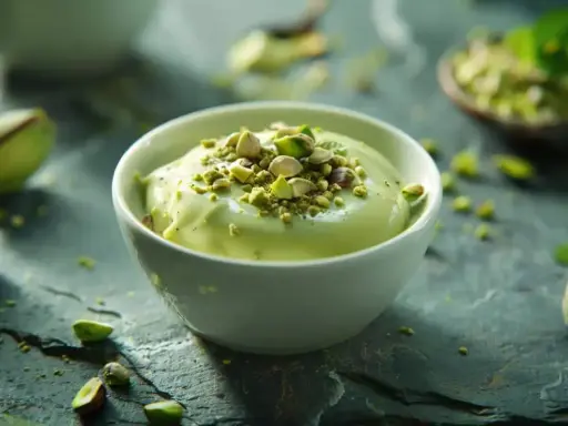 Crème anglaise pistache onctueuse, garnie de pistaches concassées et de quelques pistaches entières. Un délice vert et gourmand.