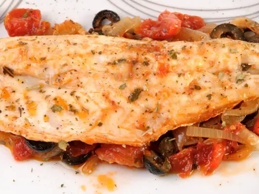 Leckerer Barsch zubereitet mit Tomaten, Zwiebeln und Oliven, garniert mit Kräutern. Ein Genuss für jeden Fischliebhaber.
