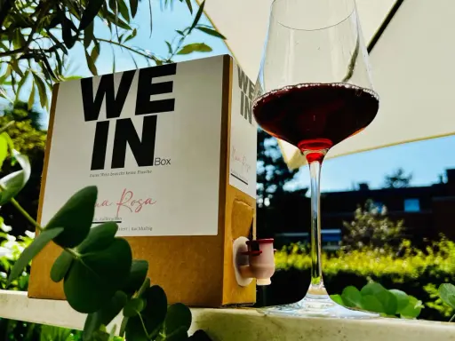 Ein Glas Rotwein steht neben einem Karton mit der Aufschrift "WE IN Box". Der Wein im Karton ist eine praktische Alternative zur Flasche.
