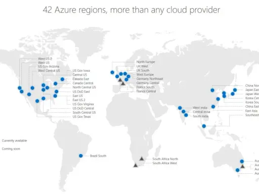 Carte mondiale des 42 régions Azure de Microsoft, incluant des data centers en Amérique du Nord, Europe, Asie et Australie.