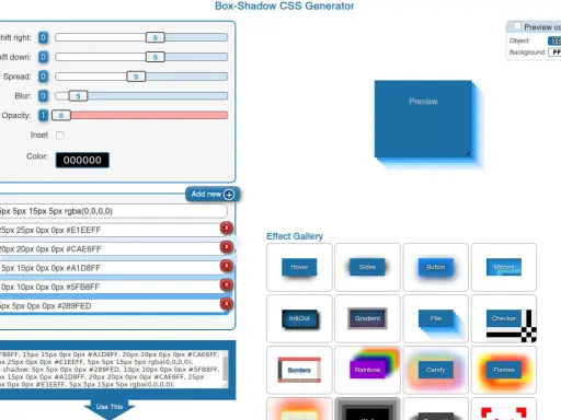 Generator CSS dla cienia. Ustawienia przesunięcia, rozmycia i koloru tworzą efekt cienia.