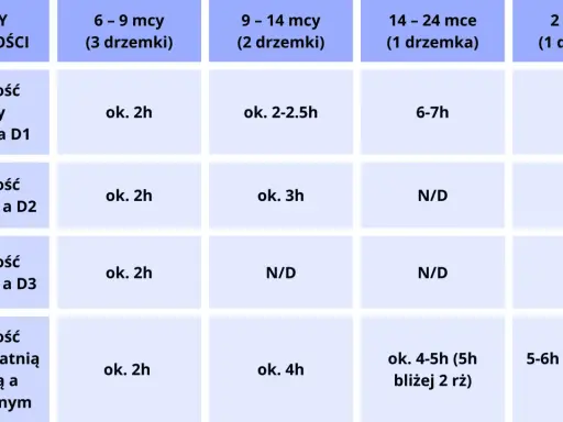 Tabela przedstawia przykładowy rytm dnia niemowlaka w zależności od wieku i liczby drzemek.