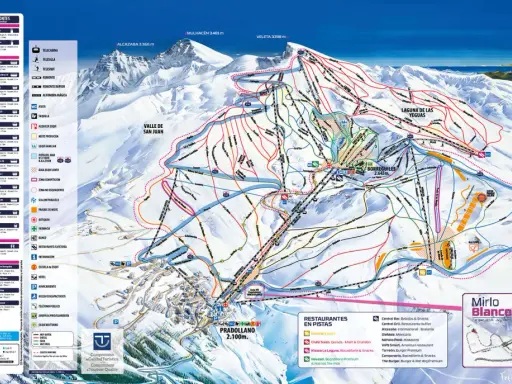 Pistenplan für die Skigebiete Spaniens: Sierra Nevada mit Höhenangaben, Pisten, Liften und Restaurants.
