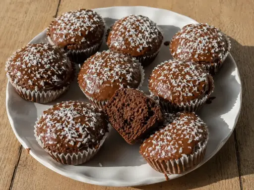 Chokladmuffins med glasyr och kokosflingor. Ett enkelt recept på glasyr som passar perfekt till dessa godsaker.