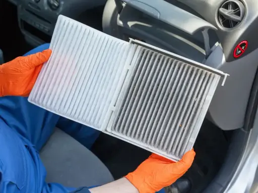 Ręce w pomarańczowych rękawiczkach pokazują brudny filtr kabinowy Toyoty Yaris, gotowy do wymiany.