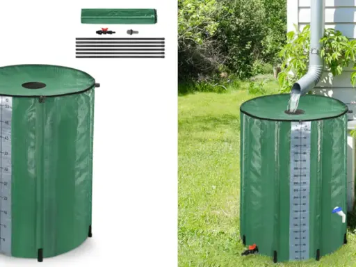 Barril verde para recoger agua de lluvia, con medidor de nivel y grifo. Ideal para el jardín.