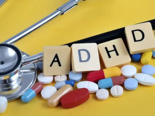 Stetoskop i tabletki symbolizujące leki na ADHD. Litery A, D, H, D ułożone na żółtym tle.