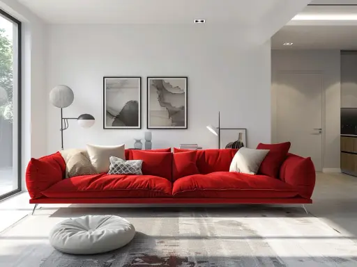 Un canapé rouge éclatant, orné de coussins aux tons neutres, invite à la détente. Une question se pose : quelle couleur associer avec un canapé rouge pour un intérieur harmonieux ?