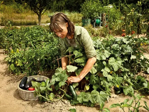 Une jardinière récolte un concombre poona kheera dans son potager luxuriant, à côté d'un panier rempli de légumes frais.