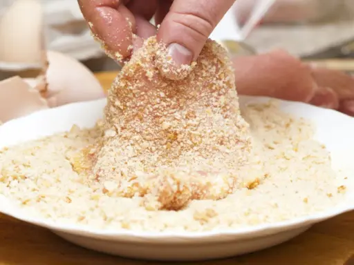Fleisch wird in Paniermehl gewendet. Eine Hand hält das Stück, um es perfekt panieren ohne Ei zu machen.