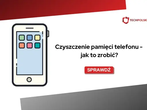Ilustracja telefonu z ikonami aplikacji. Tekst: "Czyszczenie pamięci telefonu – jak to zrobić?". Sprawdź, jak usprawnić automatyczne czyszczenie telefonu.