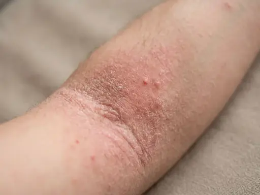Bras atteint de dermatite atopique, avec peau rouge, sèche et squameuse, quelques petites vésicules.