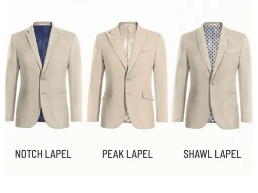 Three beige suit jackets showcase different suit lapel types: notch, peak, and shawl.