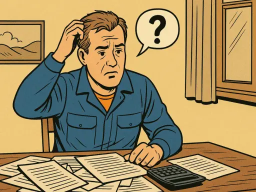 Uomo confuso con fogli e calcolatrice, pensando al 730 per lavoro dipendente e prestazione occasionale.