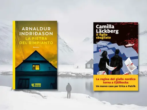 Copertine di "La pietra del rimpianto" di Arnaldur Indriðason e "Il figlio sbagliato" di Camilla Läckberg, due tra i migliori libri scandinavi, su uno sfondo innevato.