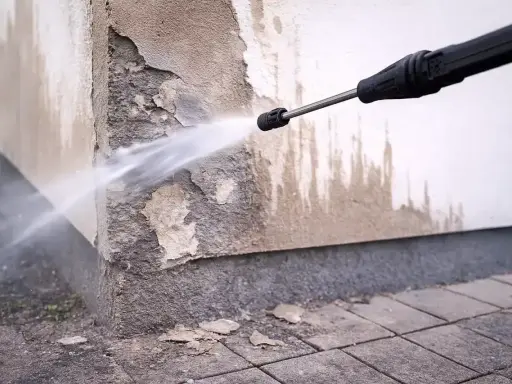 Hochdruckreiniger sprüht Wasser auf eine beschädigte Hauswand, um die Fassade zu reinigen.