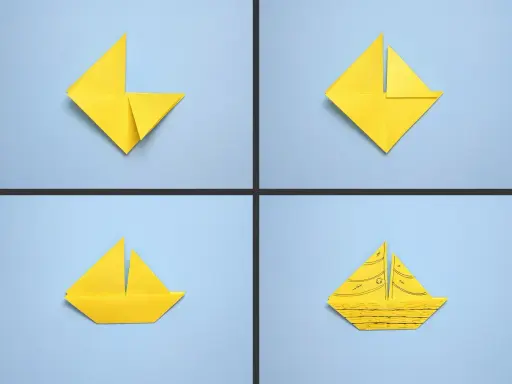 Vier Schritte, um ein gelbes segelboot falten einfach zu basteln. Vom gefalteten Papier zum fertigen Schiffchen.