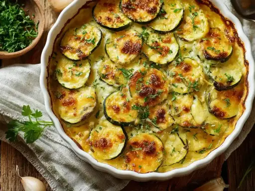 Ein goldbraun gebackener Zucchini-Auflauf mit Käse überbacken, garniert mit frischer Petersilie. Köstlich und einfach zuzubereiten.
