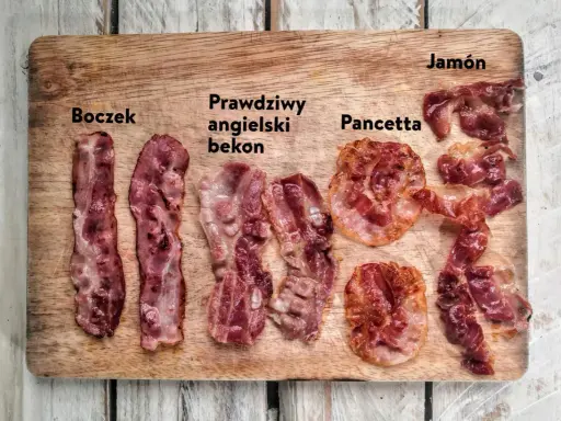 Boczek, prawdziwy angielski bekon, pancetta i jamón na desce. Różne rodzaje wędlin, każdy smakuje inaczej.