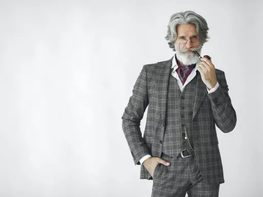 Distinguished gentleman in a plaid suit, vest, and ascot, holding a pipe. The perfect father of the groom attire.