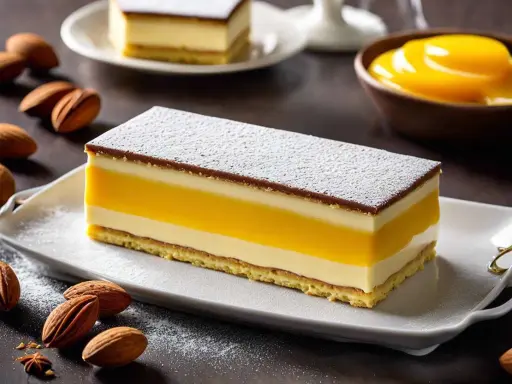 Un délicieux biscuit joconde pistache, aux couches crémeuses et fruitées, saupoudré de sucre glace.