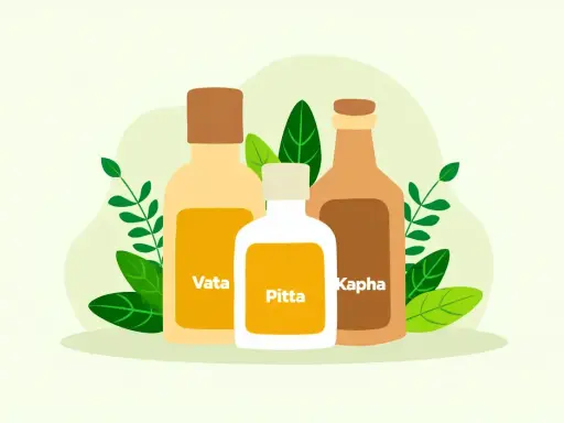 Trois bouteilles étiquetées Vata, Pitta et Kapha, entourées de feuilles vertes, symbolisant une infusion ayurvédique.