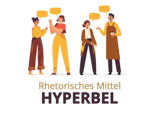 Vier Personen im Gespräch, die mit gelben Sprechblasen ihre Worte darstellen. Das Bild illustriert das rhetorische Stilmittel Hyperbel.