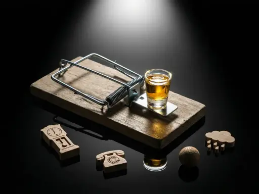 Pułapka na myszy z kieliszkiem alkoholu, symbolizująca wyzwalacze alkoholowe. Obok zegar, telefon, chmura i piłka golfowa.