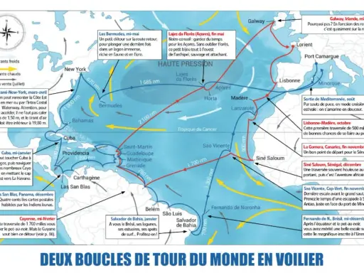Carte des routes maritimes pour une traversée atlantique, avec des escales aux Açores, Bermudes, Caraïbes et Brésil.
