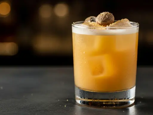 En gyllene drink med is, toppad med muskotnöt. En perfekt "painkiller drink" för att lindra törsten.
