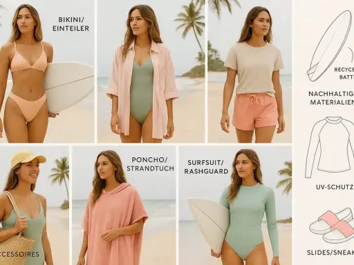 Frauen am Strand mit Surfbrett und lässiger Surfer Frisur. Bademode, Strandtuch und Accessoires.