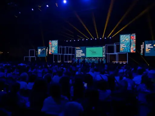 Un grande pubblico partecipa a un meeting per l'amicizia fra i popoli, illuminato da fasci di luce gialla su un palco con schermi.