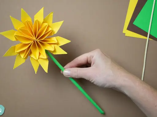 Eine Hand hält eine gelbe origami sonne mit einem grünen Stiel. Bastelmaterialien liegen daneben.
