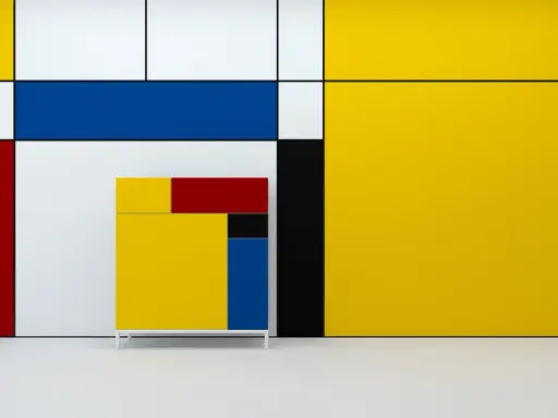 A cabinet in the style of De Stijl art, featuring primary colors and geometric shapes, stands against a wall with similar bold lines and blocks of yellow, red, blue, and white.