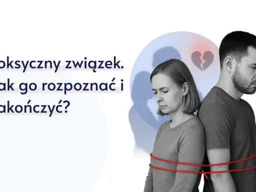 Para zgarbiona, związana sznurkiem, z pękniętym sercem w tle. Czy to toksyczny mąż? Jak rozpoznać i zakończyć taki związek?
