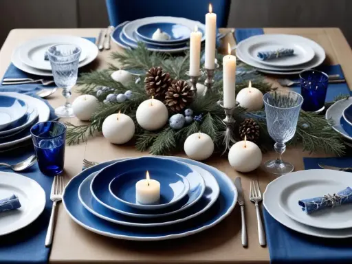 Vacker dukning med blått porslin, granris och levande ljus. En inspiration av svensk grace för en mysig middag.
