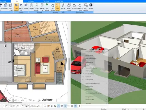Grundriss altes Bauernhaus mit Garage, Wohnbereich, Schlafzimmer und Bad. 3D-Ansicht zeigt das Innere des Hauses.