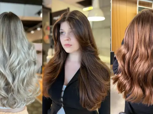 Trzy kobiety prezentują efektowne cieniowanie włosów: blond, brąz i rudy.