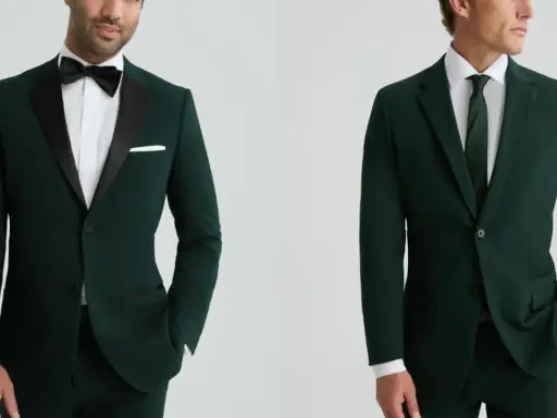 Tuxedo vs suit: A man in a dark green tuxedo with satin lapels and a bow tie, next to a man in a dark green suit with a tie.