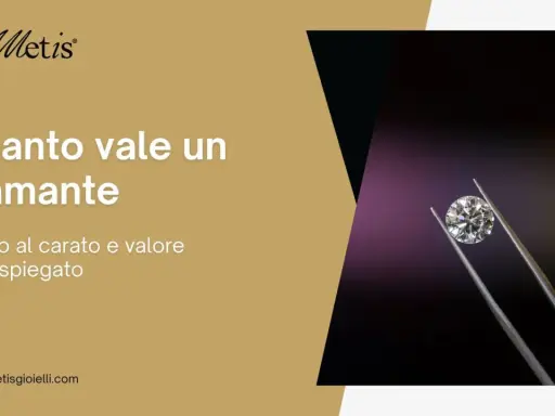 Un diamante scintillante tenuto da pinzette, con il testo "Quanto vale un diamante" e "Prezzo al carato e valore reale spiegato". Scopri a quanto corrisponde un carato.