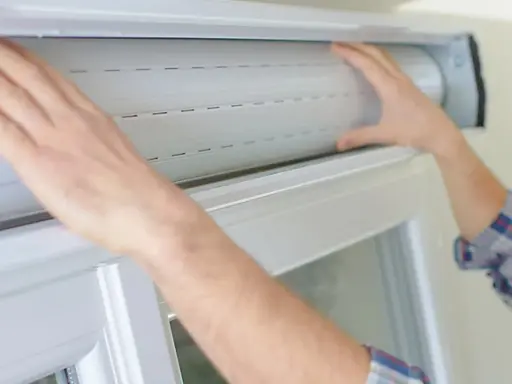 Mains ajustant un volet roulant blanc. Guidez-vous pour savoir comment réparer un volet roulant.