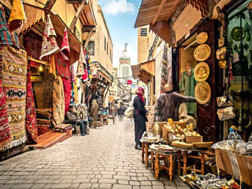 Bunte Teppiche und Souvenirs säumen einen belebten suk markt. Menschen schlendern durch die Gasse, vorbei an Geschäften voller Schätze.